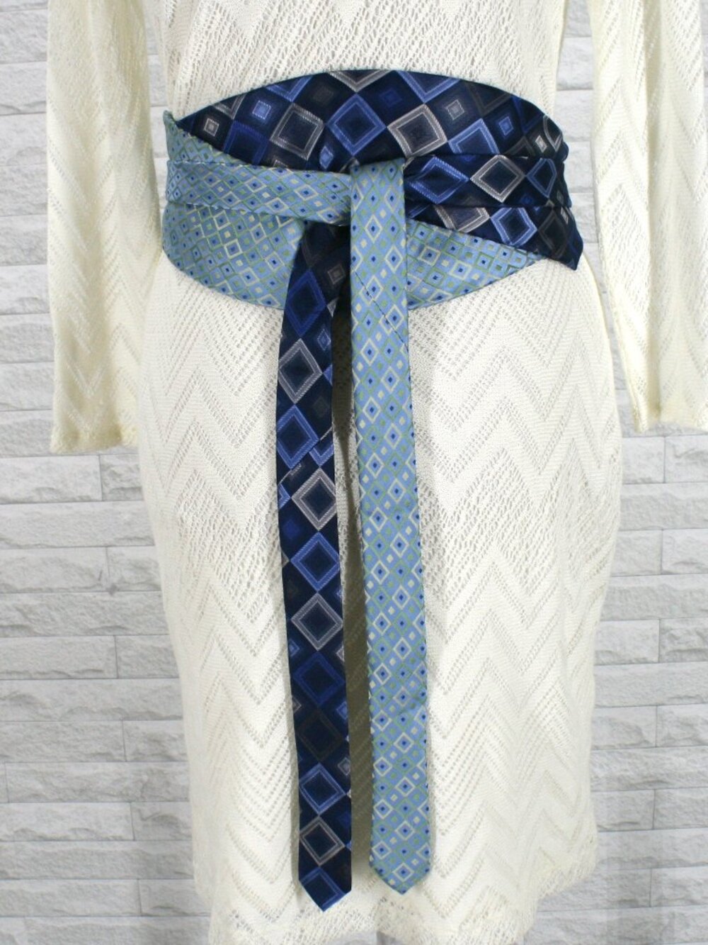 HAND CRAFTED Belt Necktie Upcycled Cummerbund Wrap Silk Wide Obi Waist Sash Blue - Picture 3 of 17